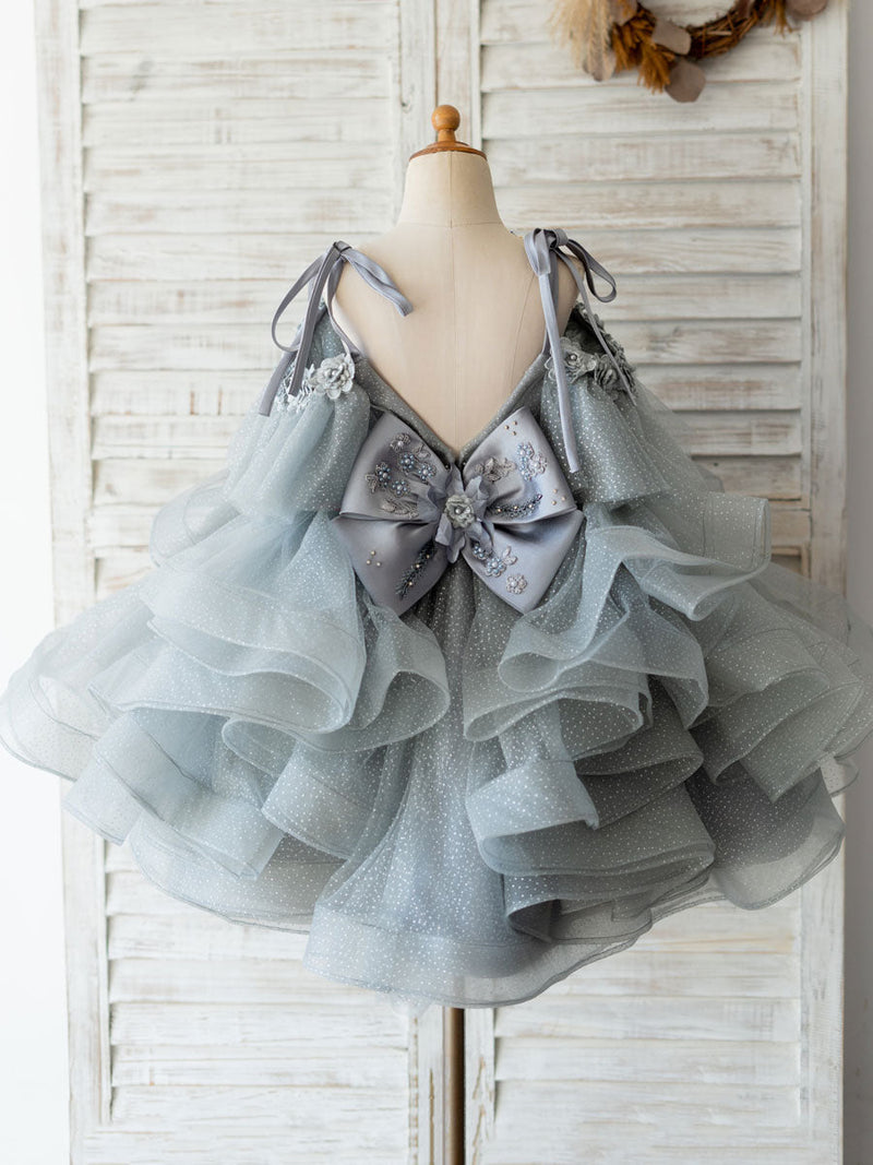 V Neck Sleeveless Flowers Tulle Grey Kids Social Party Dresses