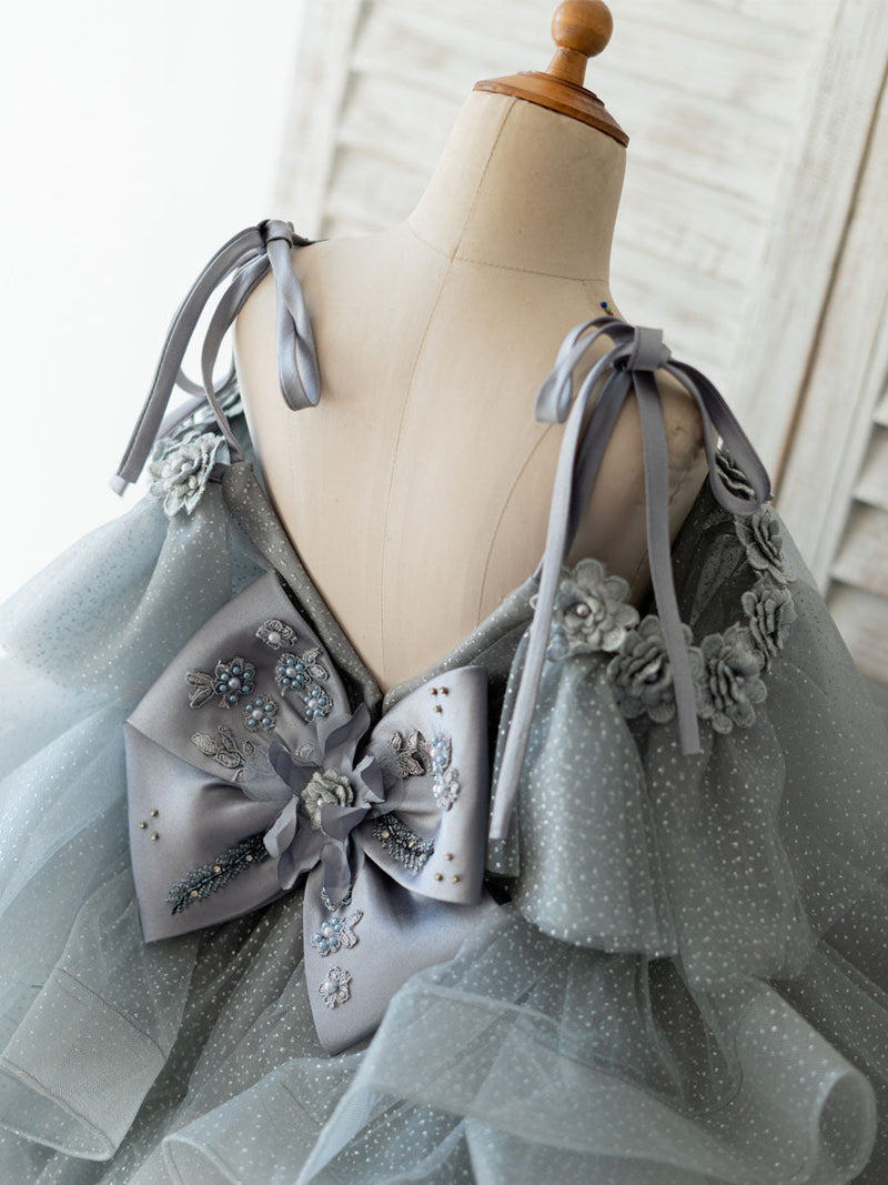 V Neck Sleeveless Flowers Tulle Grey Kids Social Party Dresses