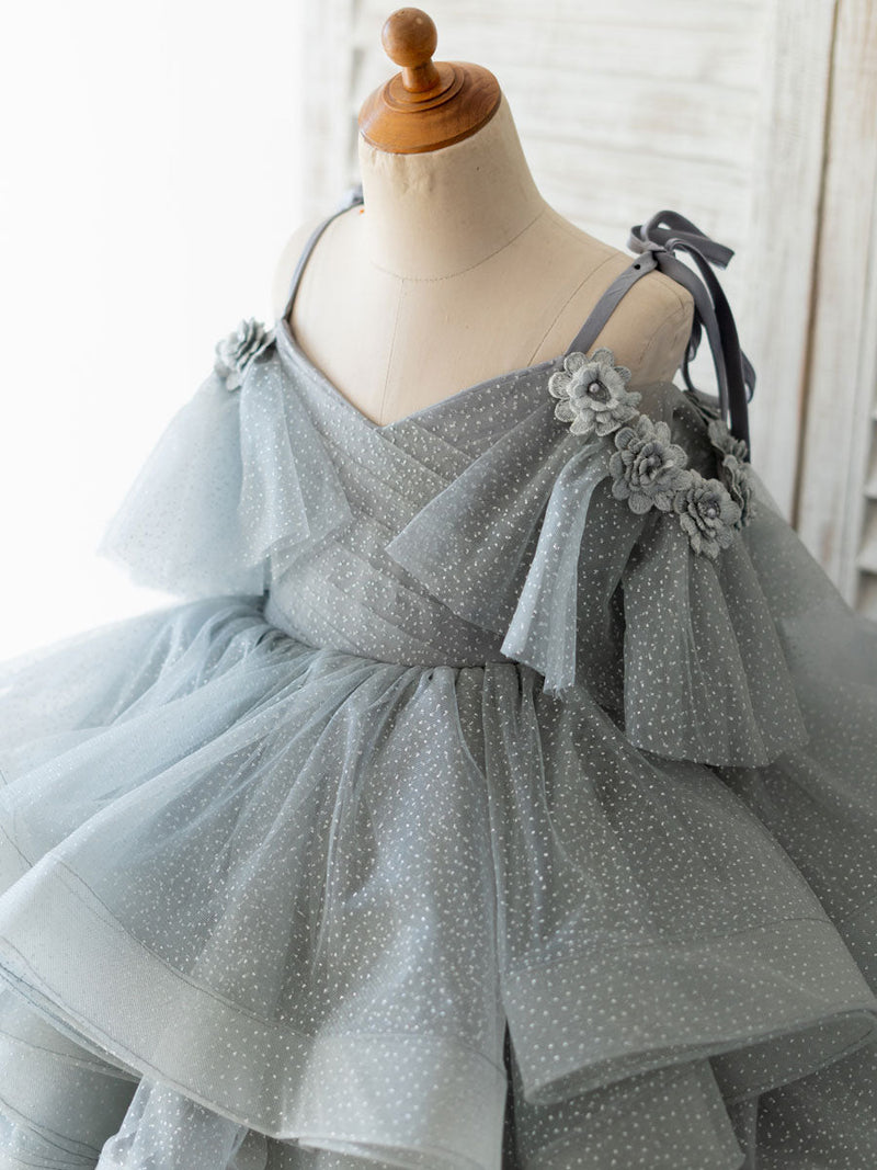 V Neck Sleeveless Flowers Tulle Grey Kids Social Party Dresses