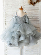 V Neck Sleeveless Flowers Tulle Grey Kids Social Party Dresses