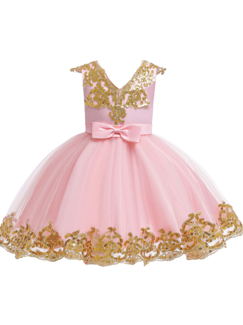 V-Neck Tulle Short Sleeves Short Princess Embroidered Kids Party Dresses