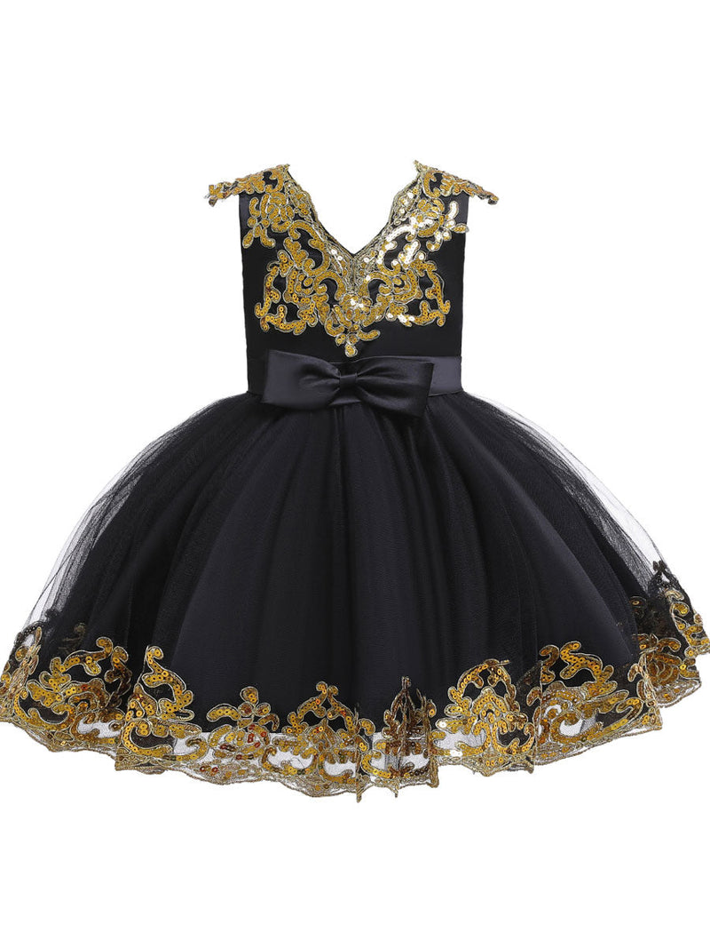 V-Neck Tulle Short Sleeves Short Princess Embroidered Kids Party Dresses