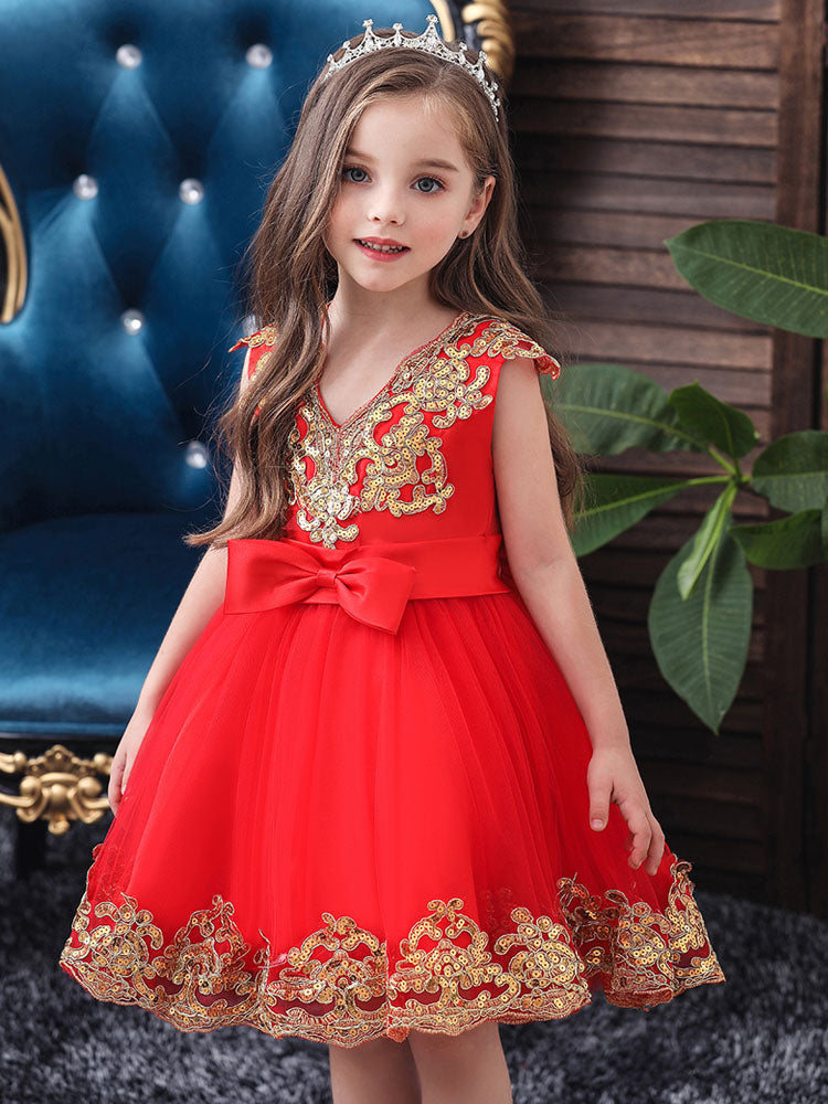 V-Neck Tulle Short Sleeves Short Princess Embroidered Kids Party Dresses