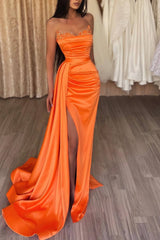 Classy Orange Sweetheart Prom Dresses Mermaid Long Split With Sequins