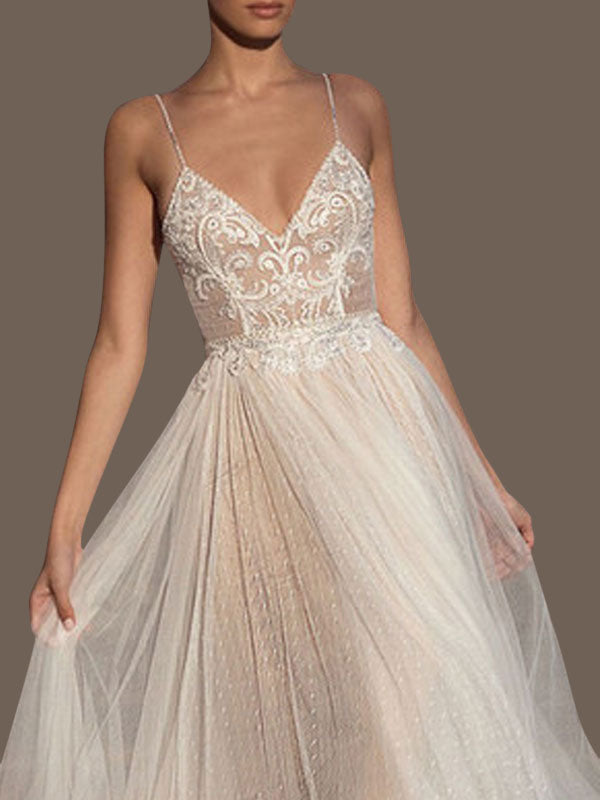 Ivory Lace Chiffon Off Shoulder V-neck Slip Beach Wedding Dresses,DB01 –  sweetbridals