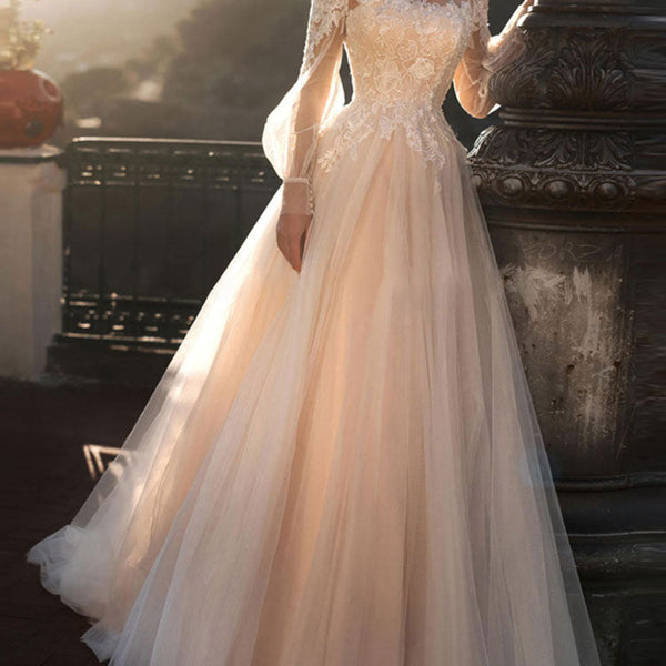 wedding dresses A-line V-Neck long sleeve lace applique tulle bridal gowns  with chapel train – Dbrbridal