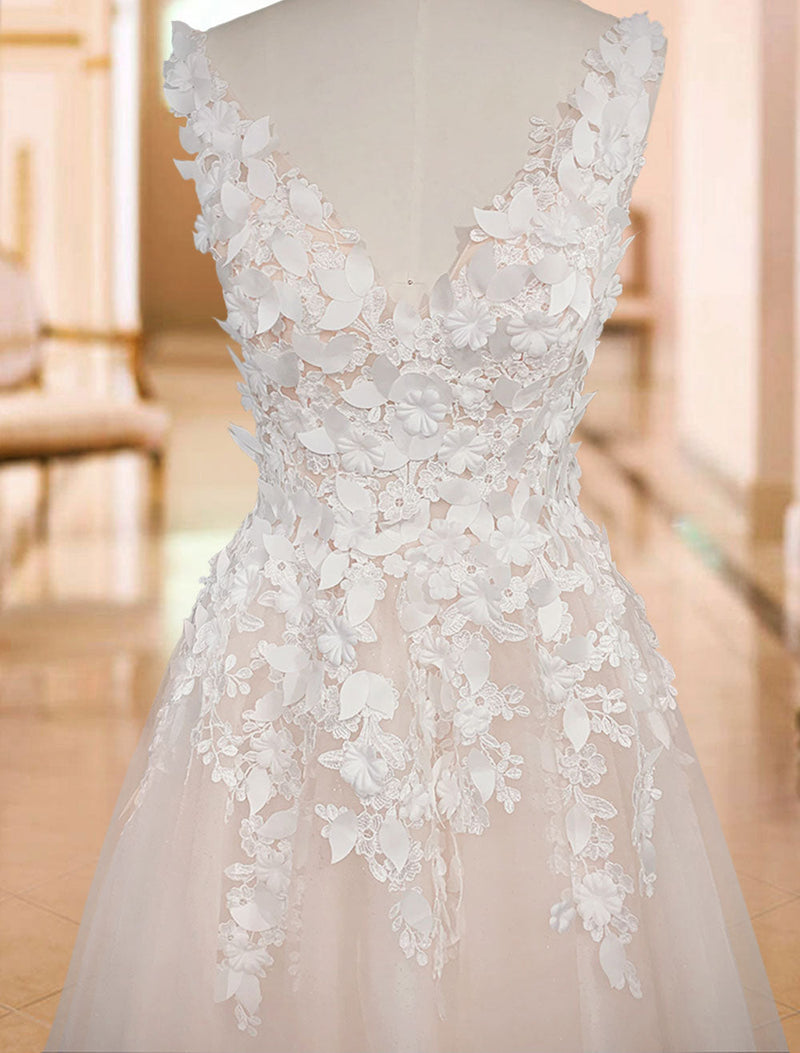 Elegant A-line V Neck Lace Appliques Wedding Dresses With Long