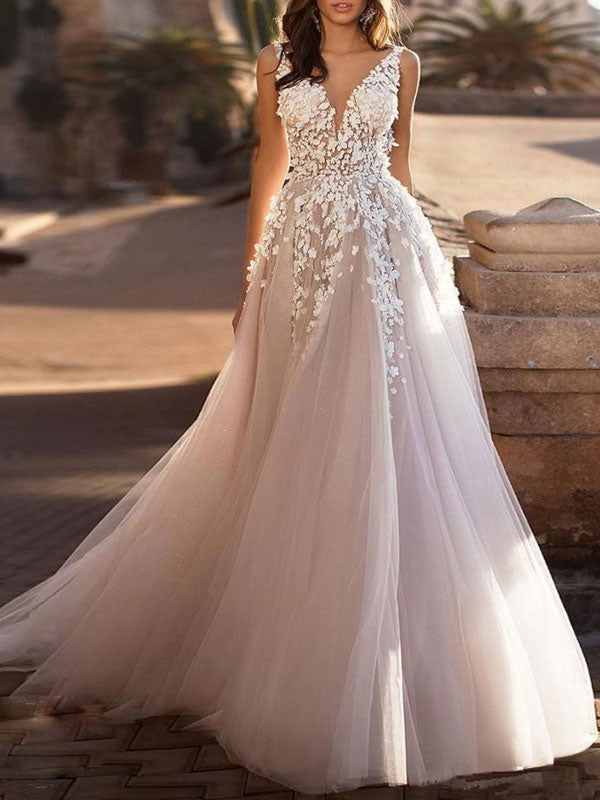 Sexy Deep V Neck Wedding Dresses with Court Train Lace Appliques Bridal  Gowns