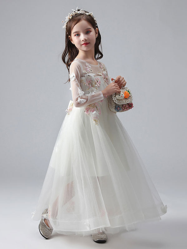 White Jewel Neck Long Sleeves Ankle-Length Princess Dress Tulle Flower ...