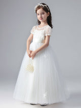 White Jewel Neck Short Sleeves Flowers Embellishment Tulle Lace Kids Social Party Dresses