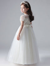 White Jewel Neck Short Sleeves Flowers Embellishment Tulle Lace Kids Social Party Dresses