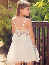 White Jewel Neck Tulle Sleeveless Short A-Line Bows Kids Party Dresses