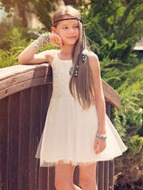 White Jewel Neck Tulle Sleeveless Short A-Line Bows Kids Party Dresses