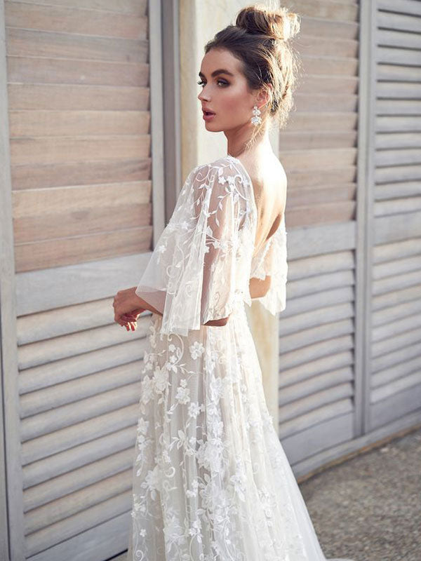 White Lace Wedding Dress V-Neck A-Line Wedding Dress Short Sleeves ...