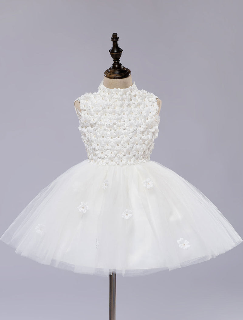 White Pageant Tutu Dress With Lace Flower Applique flower girl dress