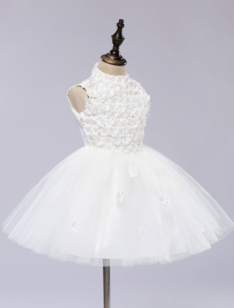 White Pageant Tutu Dress With Lace Flower Applique flower girl dress