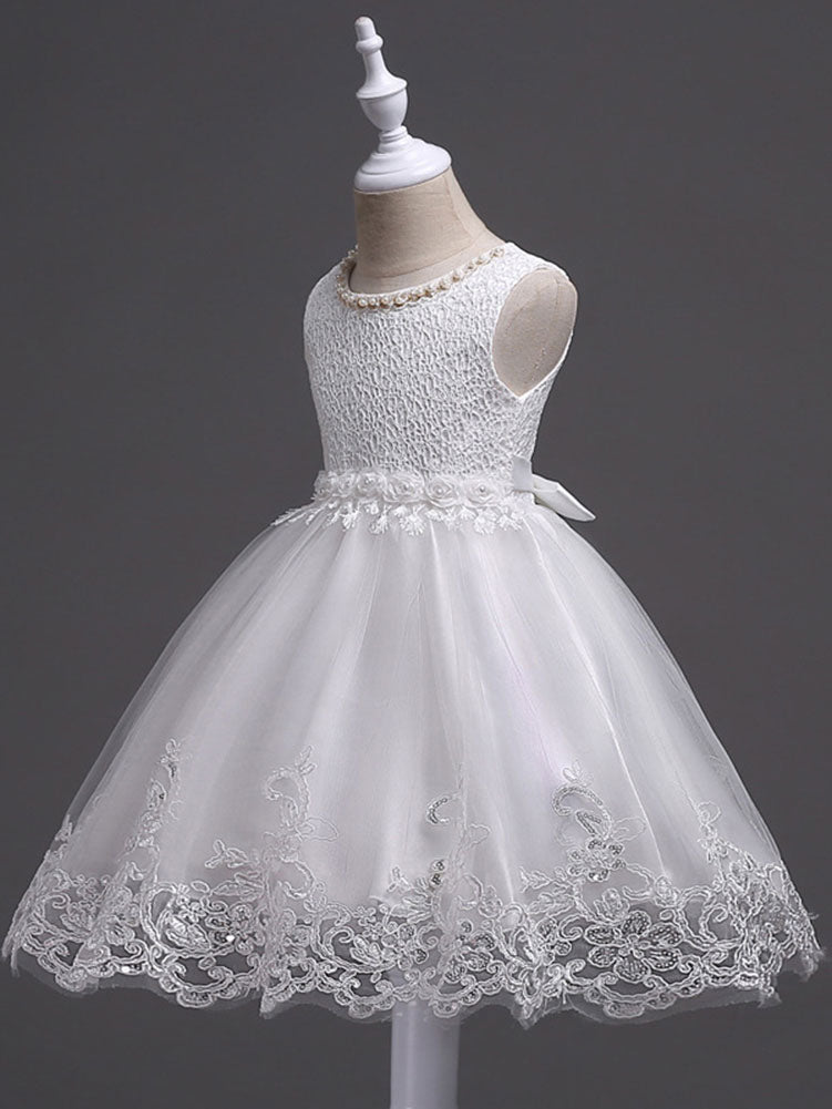 White Tutu Kids Dinner Party Dresses Lace Applique Pearls Tassels Princess Social Dresses