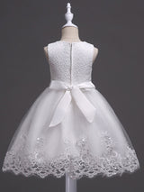 White Tutu Kids Dinner Party Dresses Lace Applique Pearls Tassels Princess Social Dresses