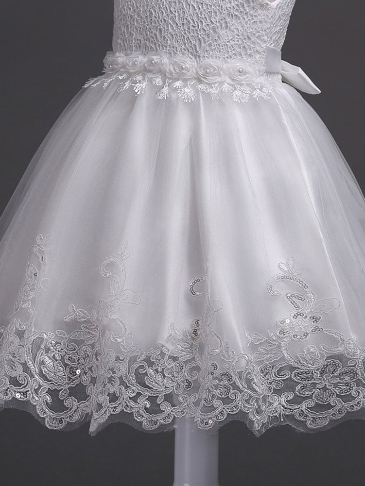 White Tutu Kids Dinner Party Dresses Lace Applique Pearls Tassels Princess Social Dresses