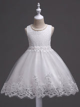 White Tutu Kids Dinner Party Dresses Lace Applique Pearls Tassels Princess Social Dresses