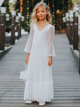 White V-Neck Lace Long Sleeves Floor-Length A-Line Lace Kids Social Party Dresses