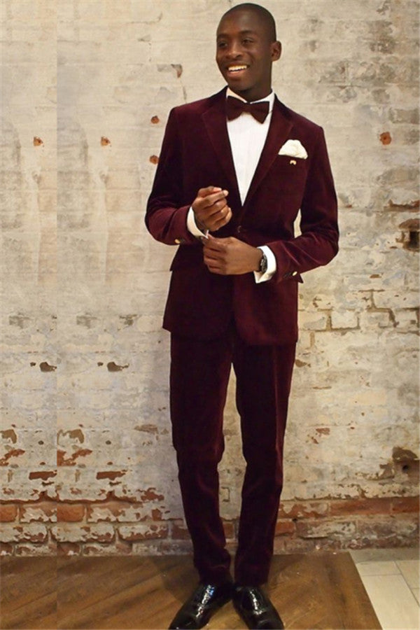 Wine Red Velvet Notched Lapel Gorgeous Mens Suits Online