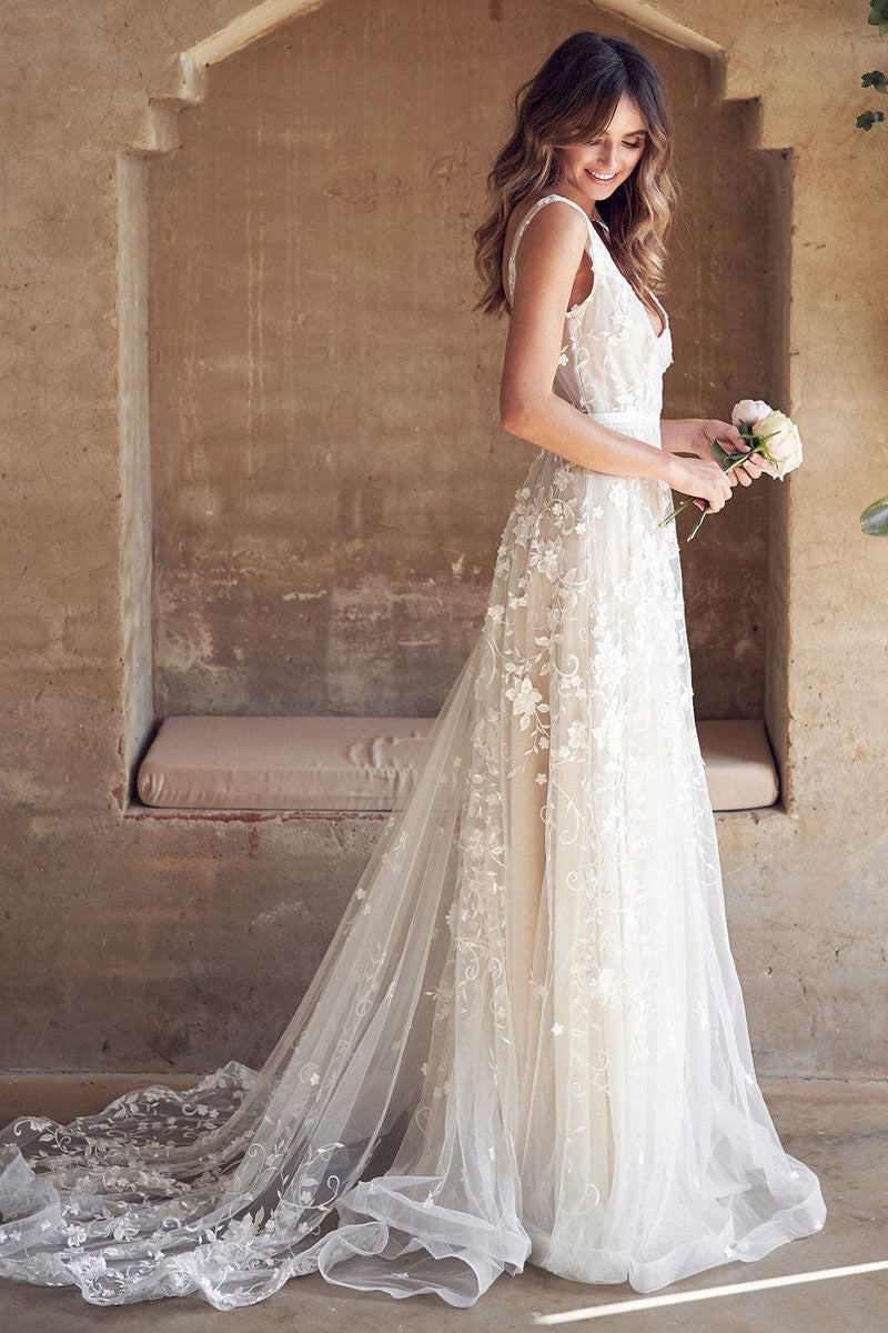 A-line Wedding Dress Sleeveless Lace Chic V-Neck Bridal Gowns With Train-Dbrbridal