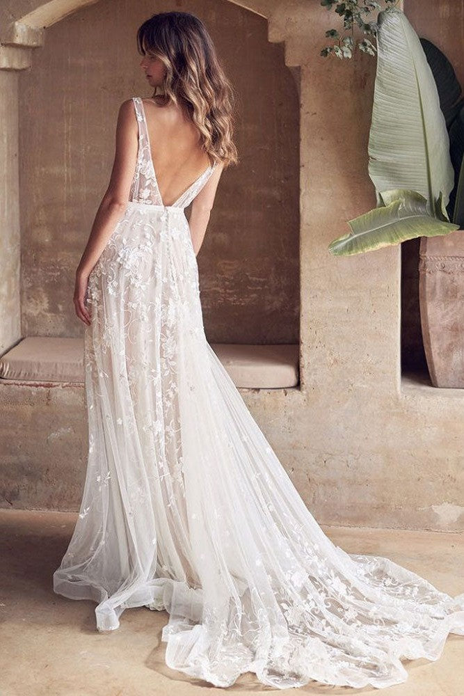 A-line Wedding Dress Sleeveless Lace Chic V-Neck Bridal Gowns With Train-Dbrbridal