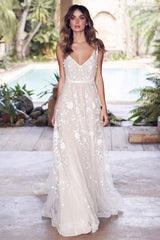 A-line Wedding Dress Sleeveless Lace Chic V-Neck Bridal Gowns With Train-Dbrbridal