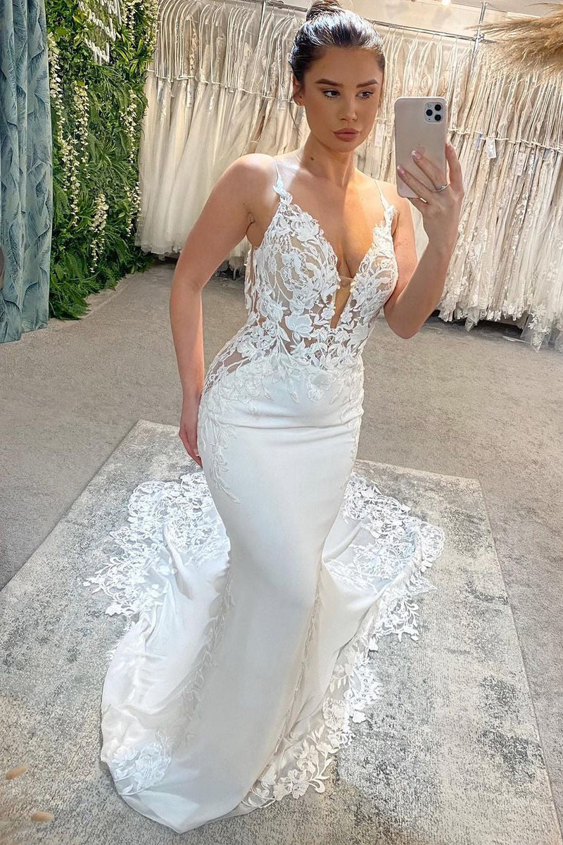 Amazing Long White V-neck Spaghetti Straps Mermaid Sleeveless Wedding Dress With Lace-Dbrbridal