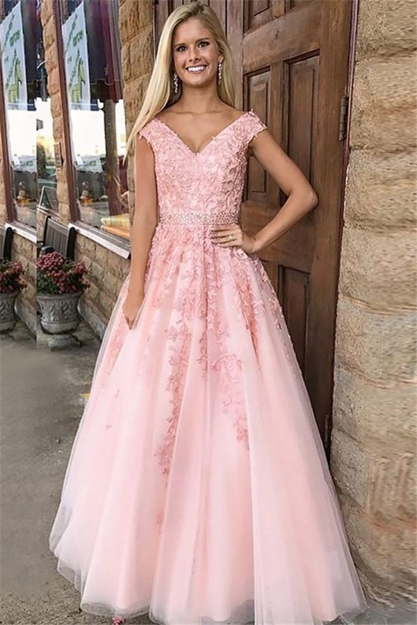 Amazing Pink Off-the-Shoulder Prom Dresses Applique Crystal Sleeveless Evening Dresses with Belt-Dbrbridal