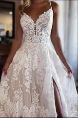 Amazing Spaghetti-Straps Sleeveless Lace Wedding Dress With Split-Dbrbridal