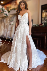 Amazing Spaghetti-Straps Sleeveless Lace Wedding Dress With Split-Dbrbridal