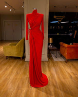 AmazingLong Sleeve Red Prom Dress Long With Split High Neck-Dbrbridal