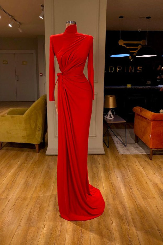 AmazingLong Sleeve Red Prom Dress Long With Split High Neck-Dbrbridal