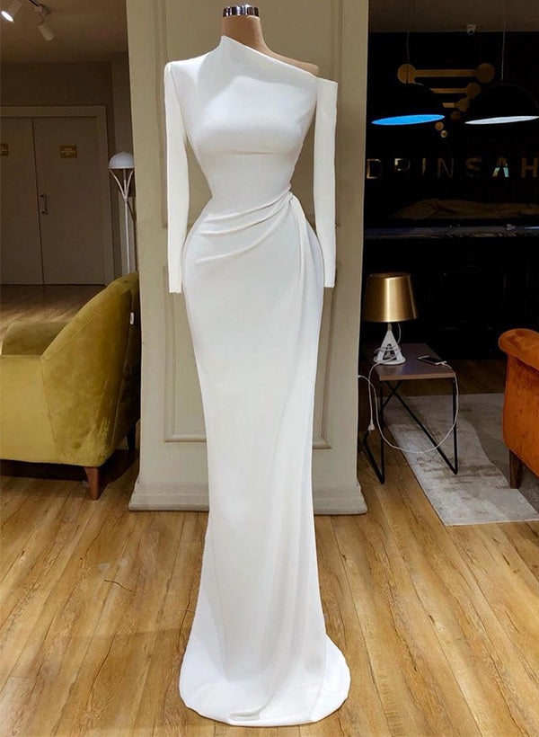 Asymmetrical Long Sleeves Sweep Train Sheath Fitted Wedding Dresses-Dbrbridal