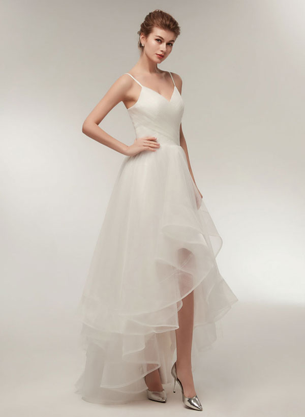 Asymmetrical Tulle Wedding Dress Cascading Ruffles-Dbrbridal