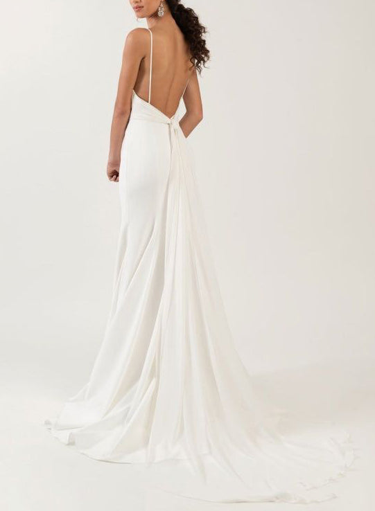 Backless Mermaid Fitted V-Neck Wedding Dresses In Elastic Satin-Dbrbridal