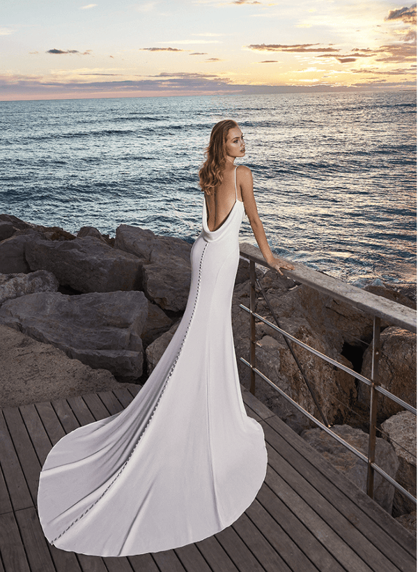 Backless Mermaid Fitted Wedding Dress Spaghetti Straps Covered Button-Dbrbridal