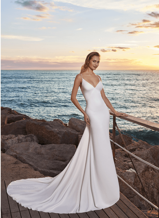 Backless Mermaid Fitted Wedding Dress Spaghetti Straps Covered Button-Dbrbridal