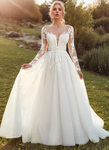 Ball-Gown Lace Wedding Dresses Romantic Tulle Long Sleeves-Dbrbridal