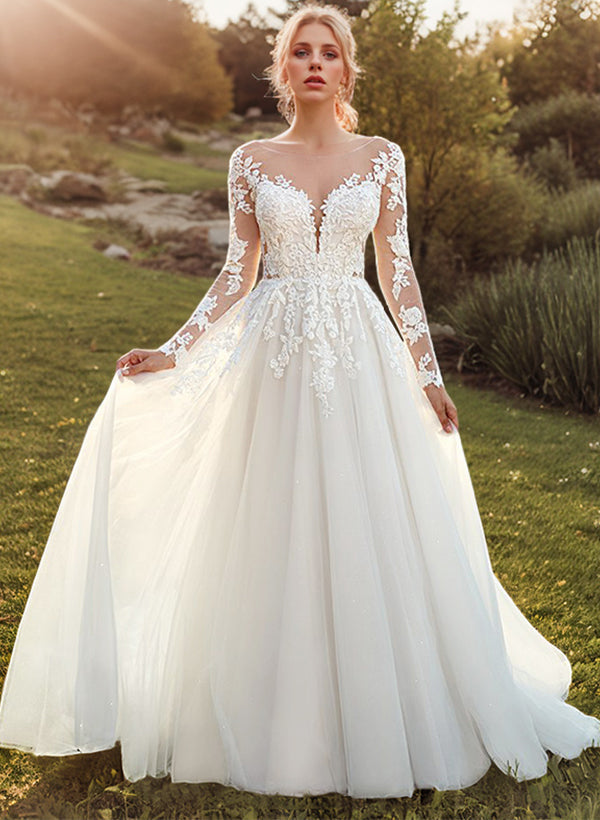 Ball-Gown Lace Wedding Dresses Romantic Tulle Long Sleeves-Dbrbridal