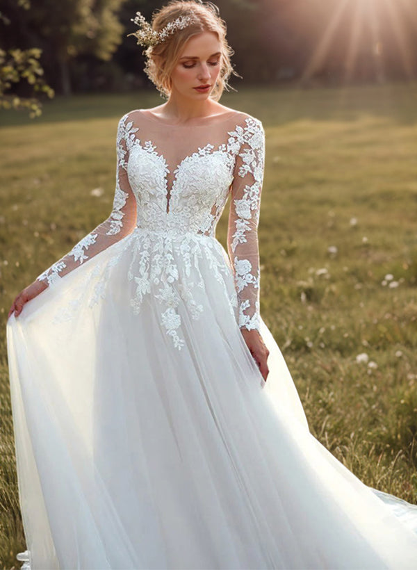 Ball-Gown Lace Wedding Dresses Romantic Tulle Long Sleeves-Dbrbridal