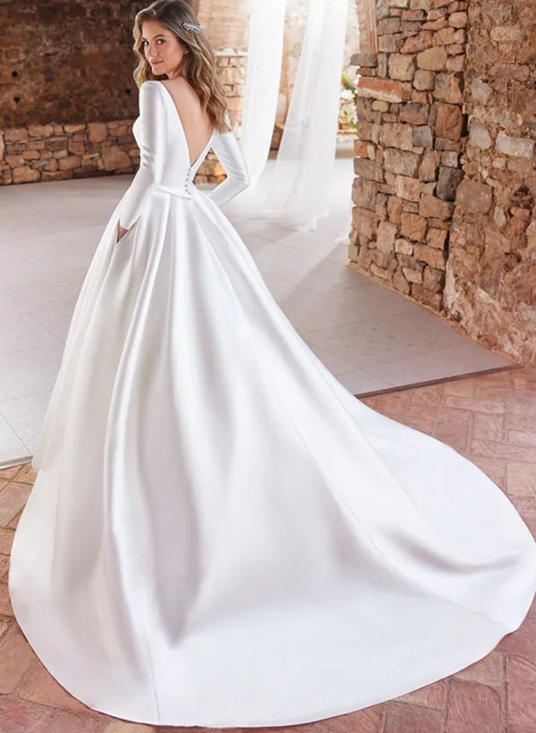 Ball-Gown Long Sleeves Wedding Dresses Satin Open Back-Dbrbridal