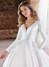 Ball-Gown Long Sleeves Wedding Dresses Satin Open Back-Dbrbridal