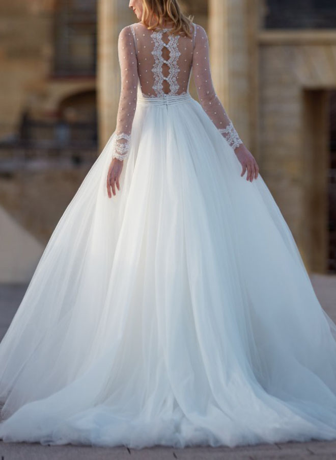 Ball-Gown Tulle Wedding Dresses Long Sleeves V-Neck-Dbrbridal