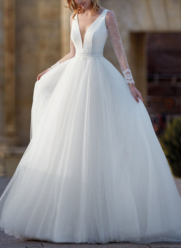 Ball-Gown Tulle Wedding Dresses Long Sleeves V-Neck-Dbrbridal