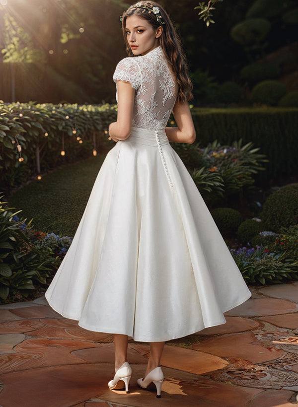 Ball-Gown V-Neck Short Sleeves Tea-Length Lace Satin Wedding Dresses-Dbrbridal