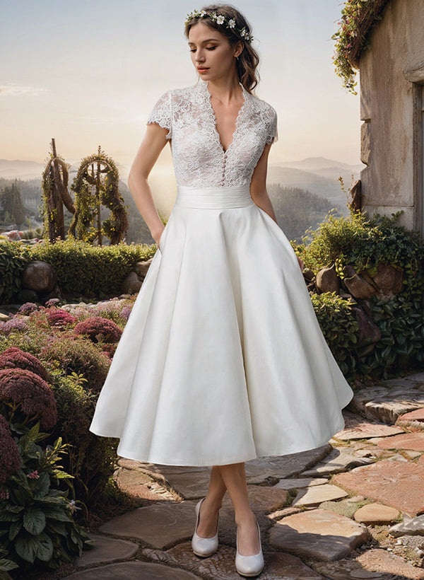 Ball-Gown V-Neck Short Sleeves Tea-Length Lace Satin Wedding Dresses-Dbrbridal