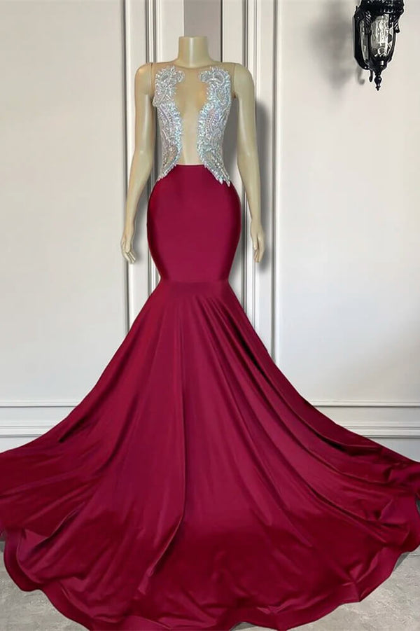 Beaded Burgundy Sleeveless Mermaid Prom Dress-Dbrbridal